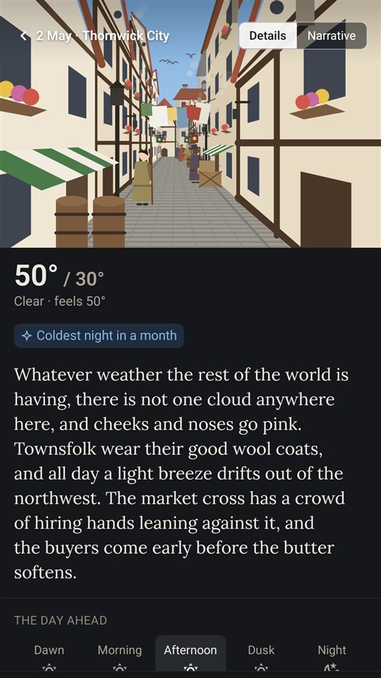 Skyscribe on a phone: a city street on a clear spring day, with the day's description